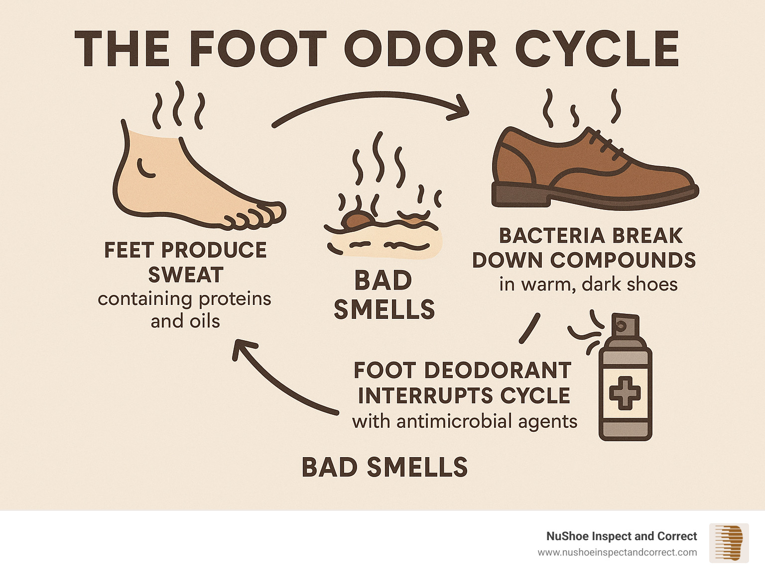 Detailed infographic showing the foot odor cycle: feet produce sweat containing proteins and oils, bacteria in warm dark shoes break down these compounds into organic acids creating bad smells, and foot deodorant interrupts this cycle through antimicrobial agents that kill bacteria and absorb moisture - foot deodorant infographic 