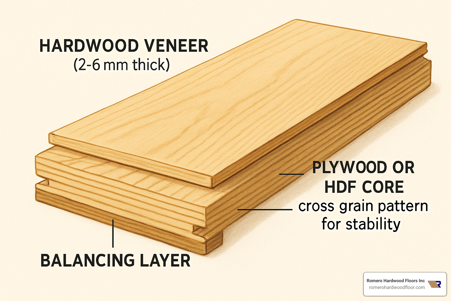 cross-section view of engineered flooring board showing layers - engineered flooring for kitchens
