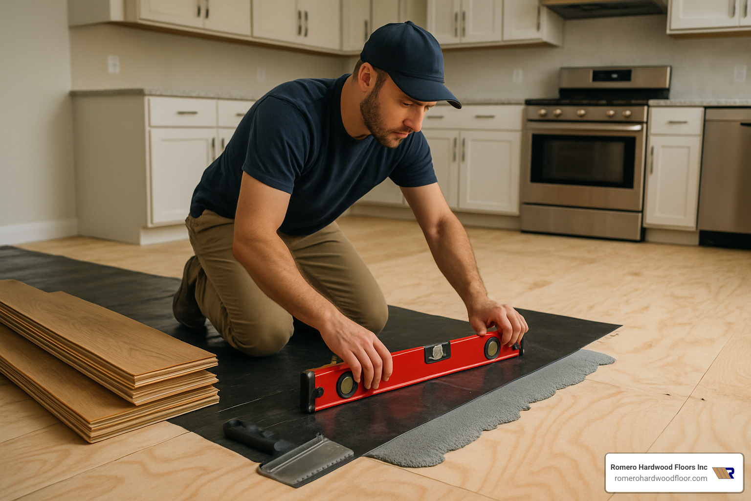 kitchen flooring installation process showing subfloor prep - engineered flooring for kitchens