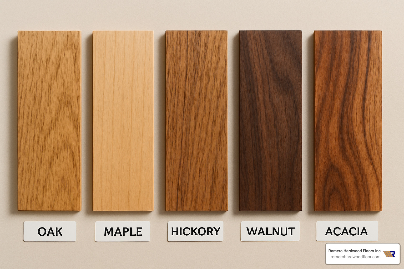 wood species samples showing grain patterns and colors - engineered flooring for kitchens