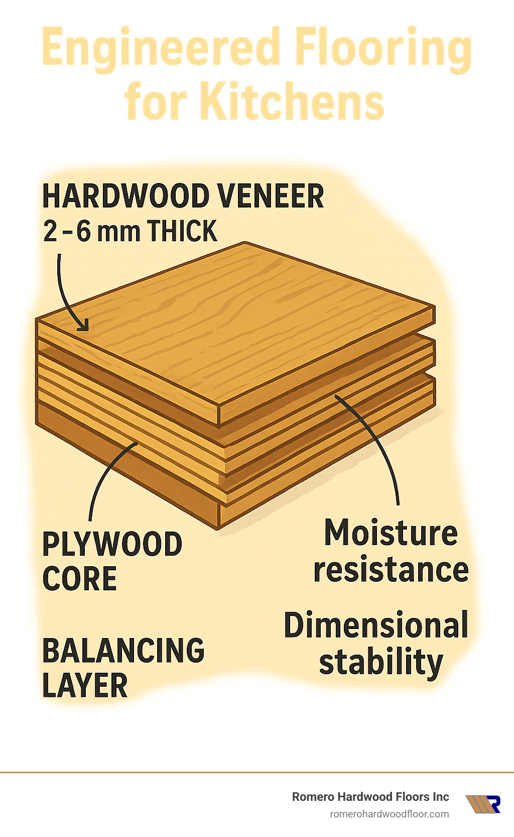 Detailed cross-section diagram showing engineered flooring construction with labeled layers: hardwood veneer top layer 2-6mm thick, multiple plywood core layers arranged in cross-grain pattern for stability, and bottom balancing layer, with annotations explaining moisture resistance and dimensional stability benefits for kitchen environments - engineered flooring for kitchens infographic