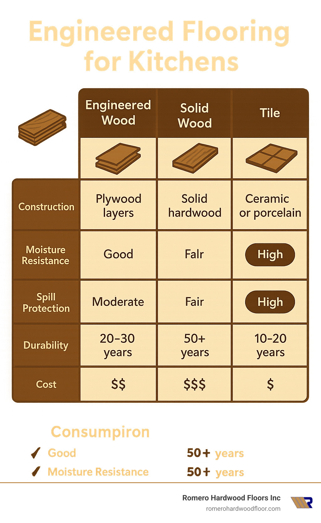 kitchen flooring comparison chart showing engineered wood vs solid wood vs tile vs vinyl - engineered flooring for kitchens infographic