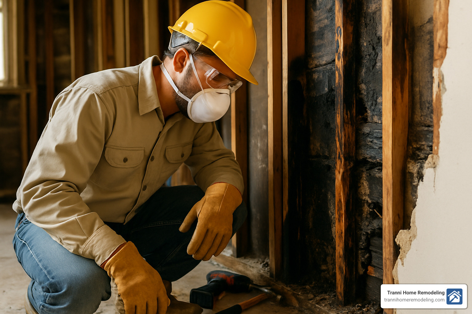 contractor inspecting damaged framing - home restoration contractors near me