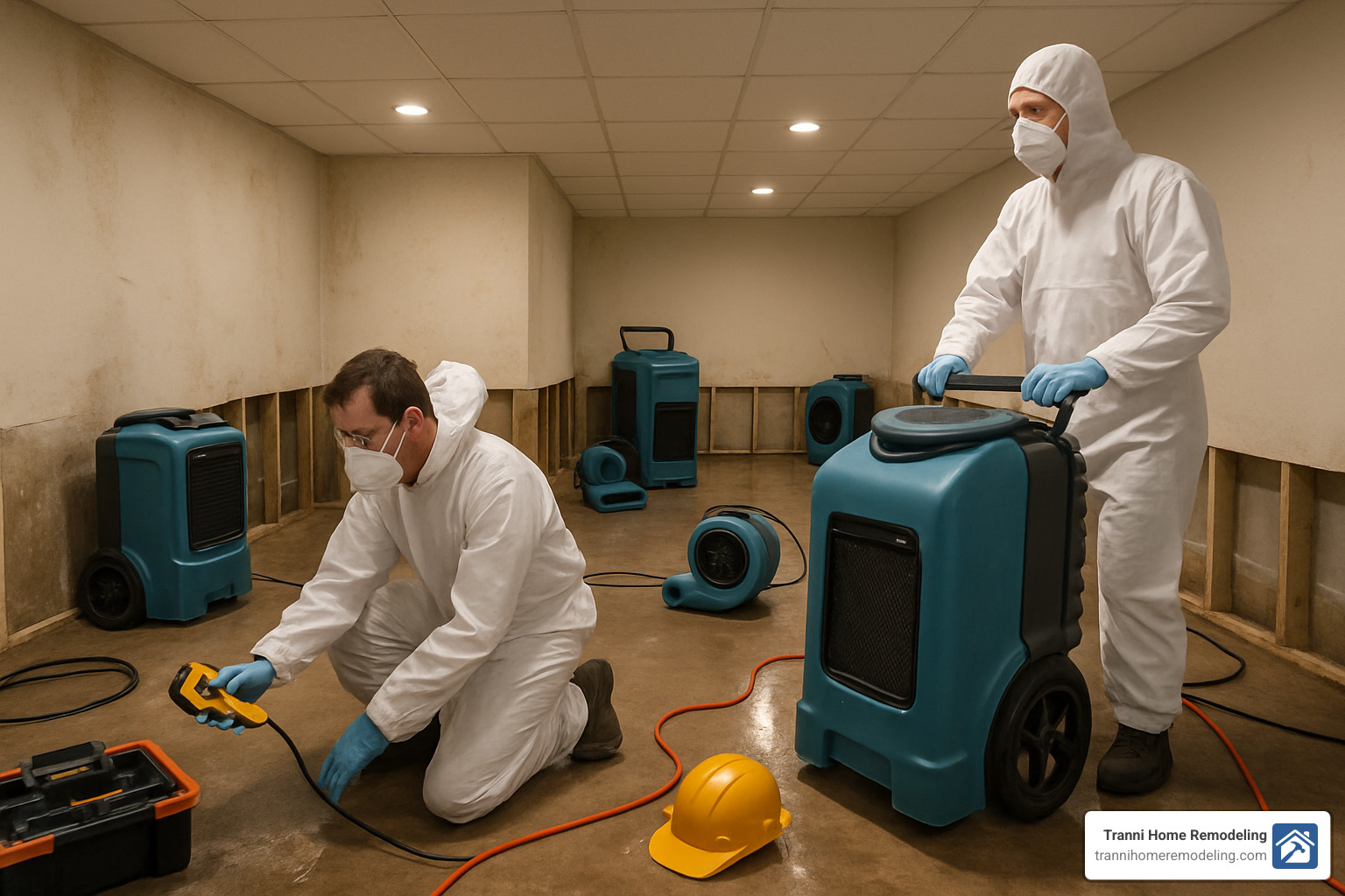 flooded basement restoration work in progress - home restoration contractors near me