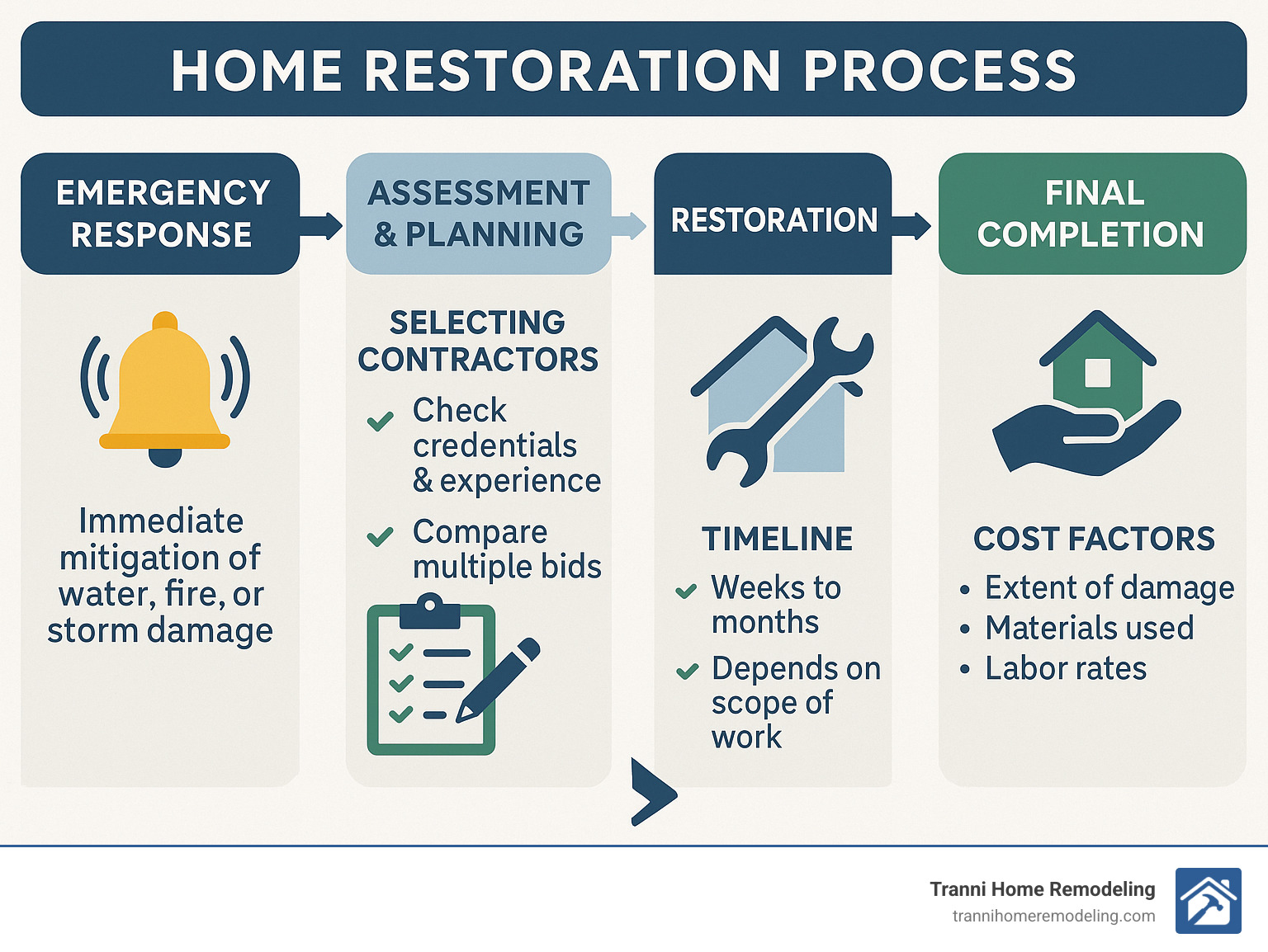 Detailed infographic showing the home restoration process from emergency response through final completion, including key decision points for homeowners when selecting contractors, timeline expectations, and cost factors - home restoration contractors near me infographic 