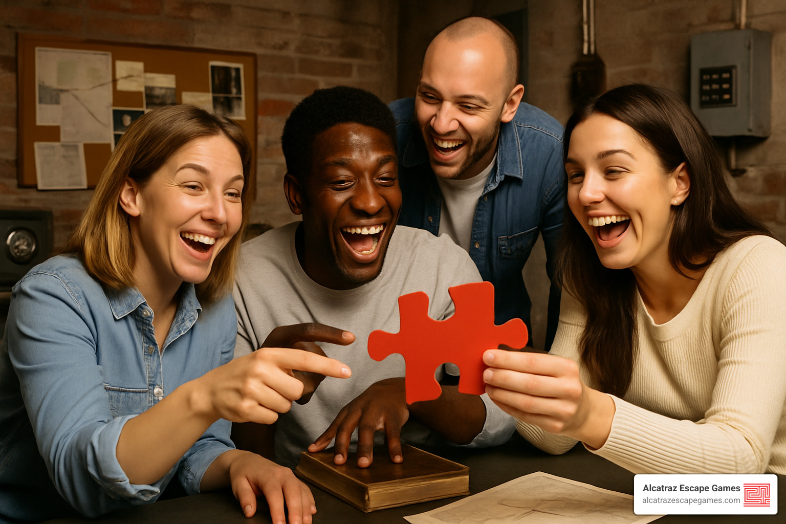 adults laughing while solving escape room puzzle - birthday celebration places near me