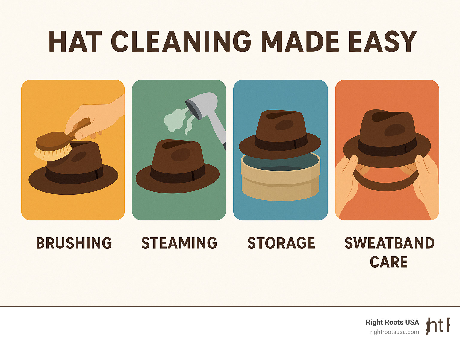 Infographic showing step-by-step hat cleaning process including brushing, steaming, storage, and sweatband care - awesome mens hats infographic 