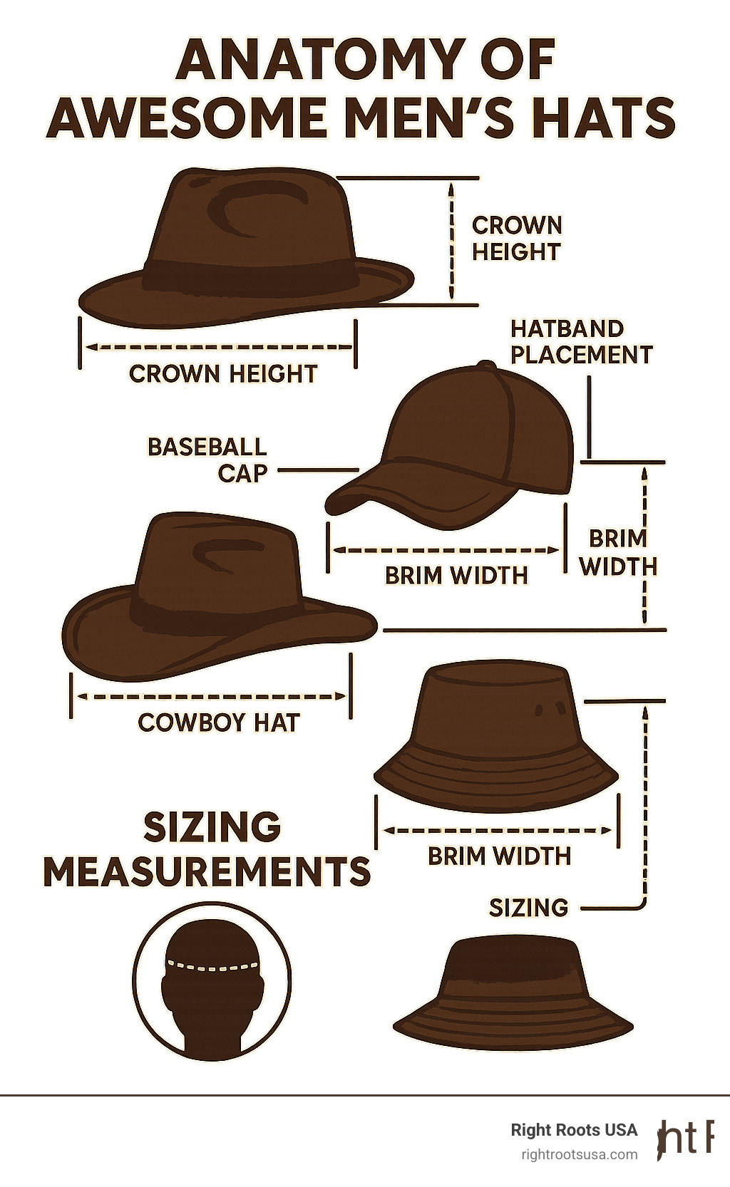 Infographic showing anatomy of mens hats including crown height, brim width, hatband placement, and sizing measurements for fedoras, baseball caps, cowboy hats, and bucket hats - awesome mens hats infographic 