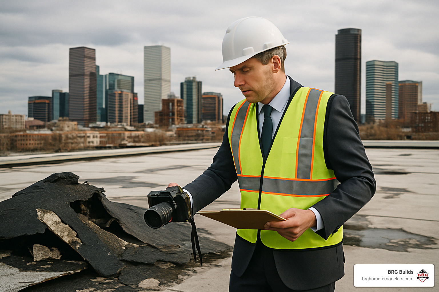 Insurance adjuster inspecting commercial roof damage - roofing contractor denver