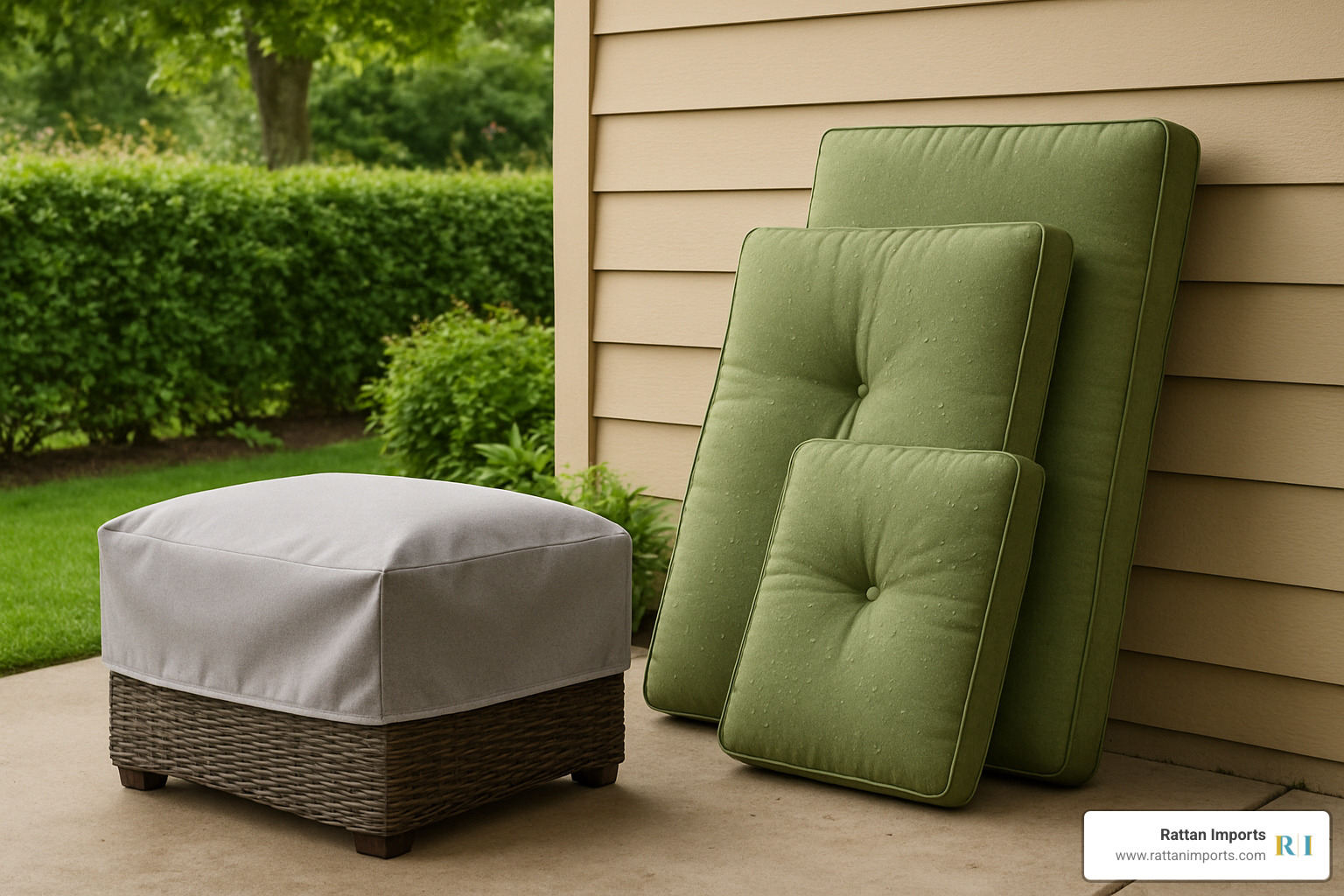seasonal storage setup showing wicker ottoman with breathable cover and cushions stored vertically for drying - wicker ottoman with cushion
