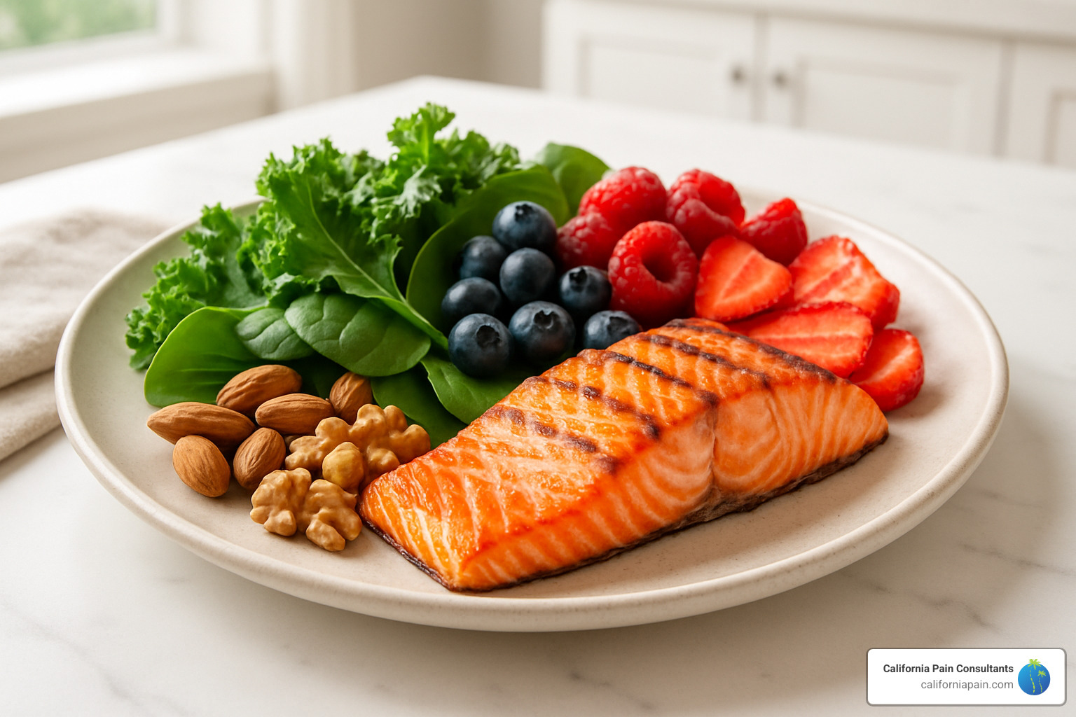 colorful anti-inflammatory meal with salmon, leafy greens, berries, and nuts arranged on a plate - alternative back pain therapy