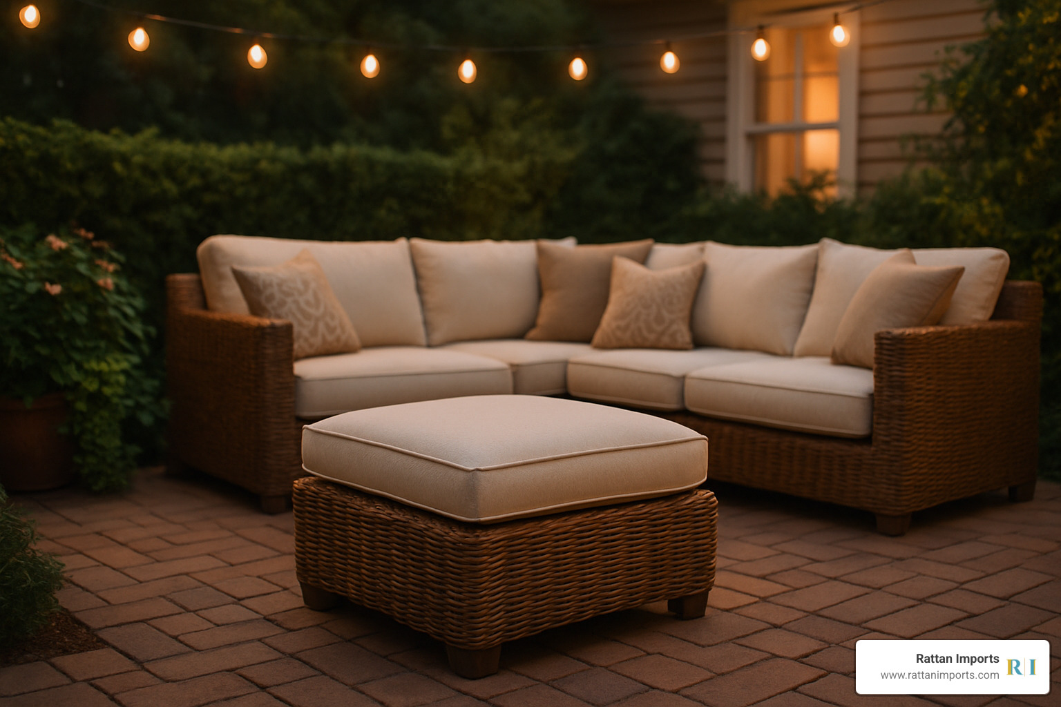 cozy outdoor patio with wicker ottoman positioned perfectly in front of sectional seating - wicker ottoman with cushion