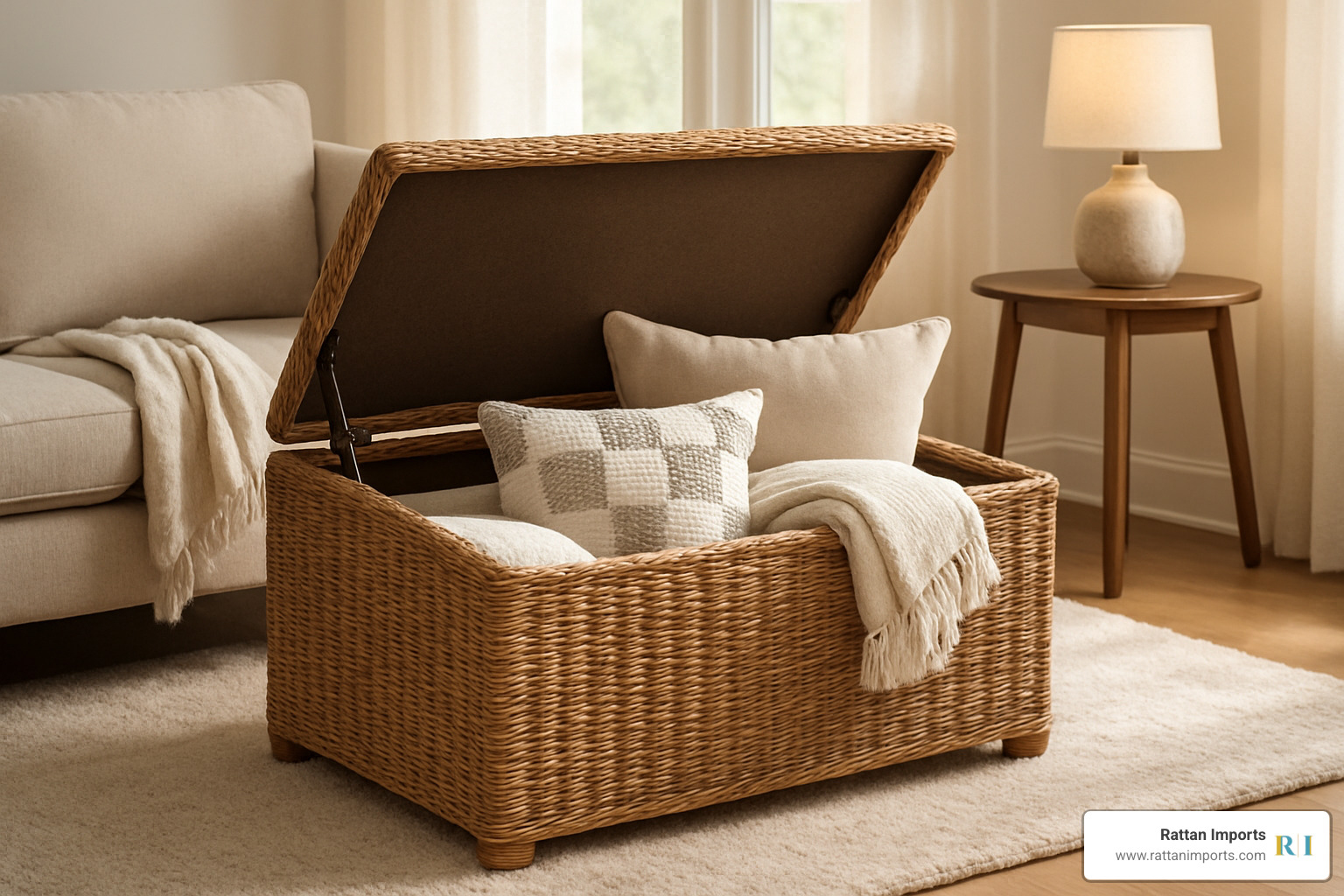 wicker storage ottoman with lid open showing organized blankets and pillows inside - wicker ottoman with cushion
