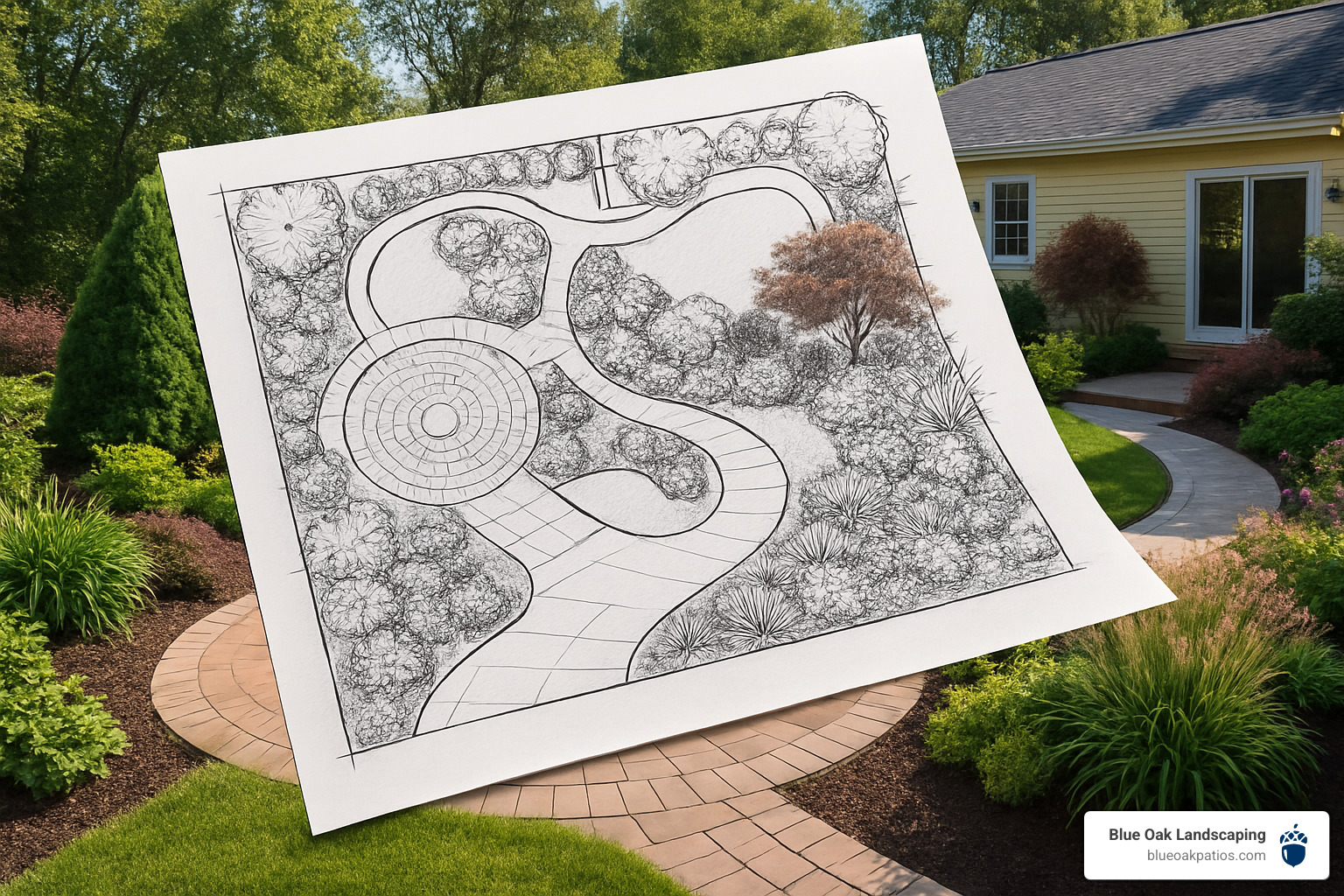 blueprint overlaying finished garden - landscape design and construction