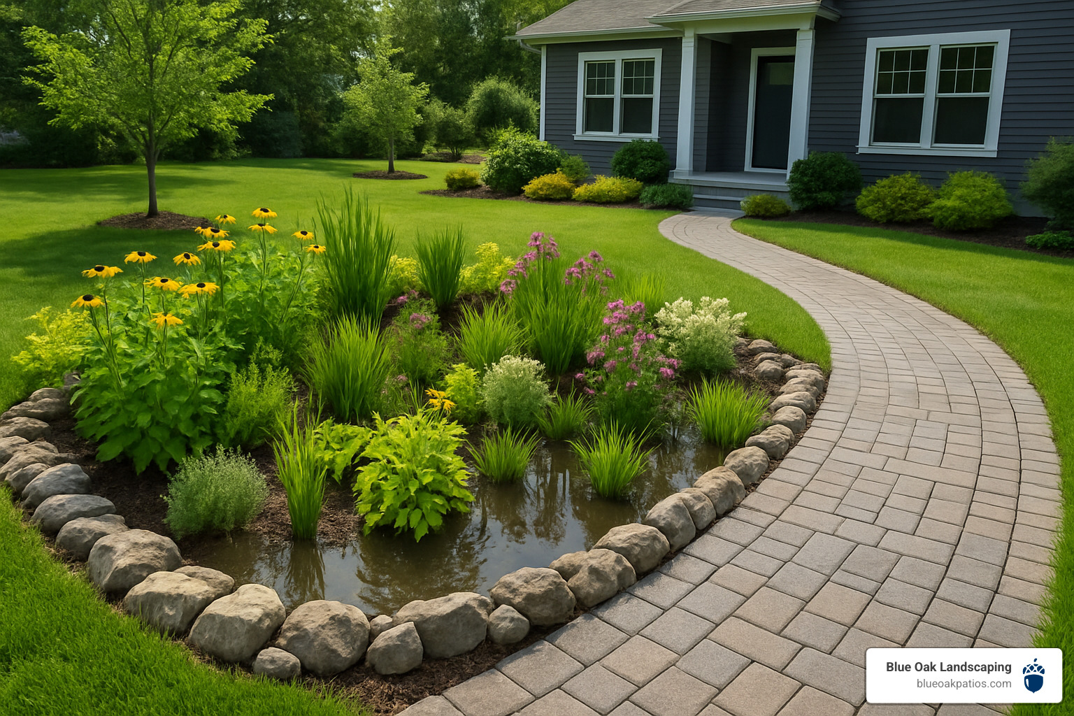 rain garden with permeable pavers - landscape design and construction