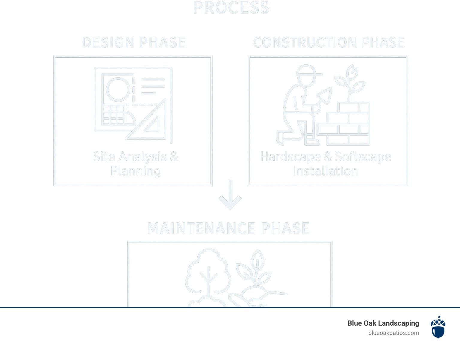 Complete landscape design and construction process from initial consultation through final installation, showing design phase with site analysis and planning, construction phase with hardscape and softscape installation, and maintenance phase with ongoing care - landscape design and construction infographic