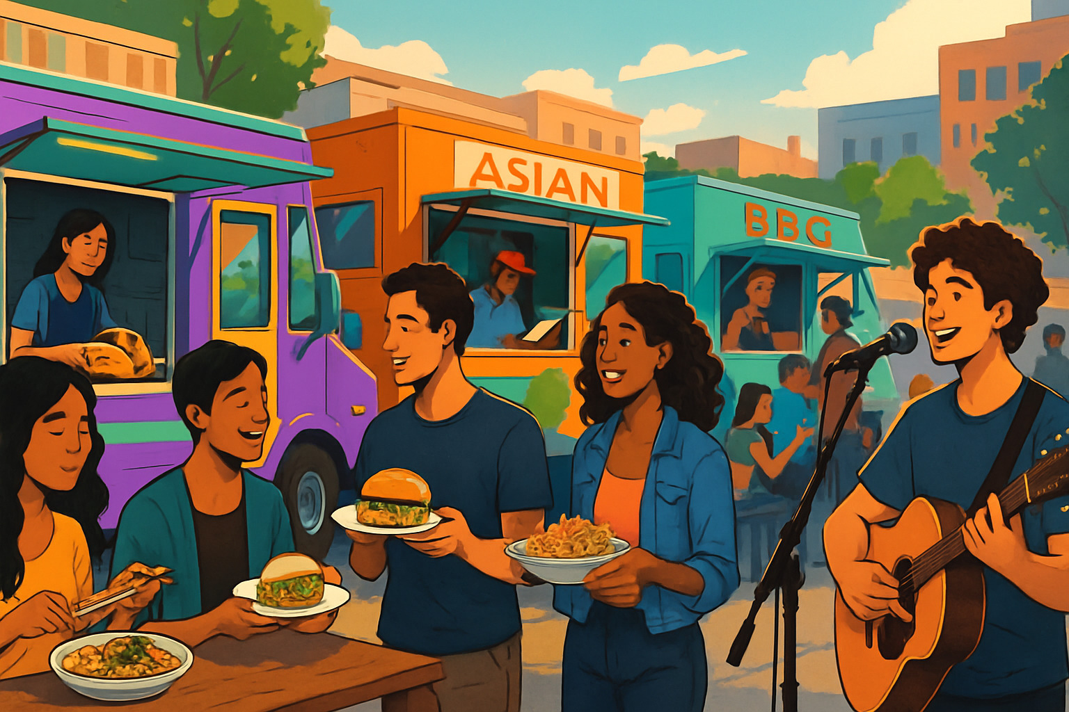 Colorful food truck lineup with modern fusion dishes and young crowd gathering around - bangalore street food tour
