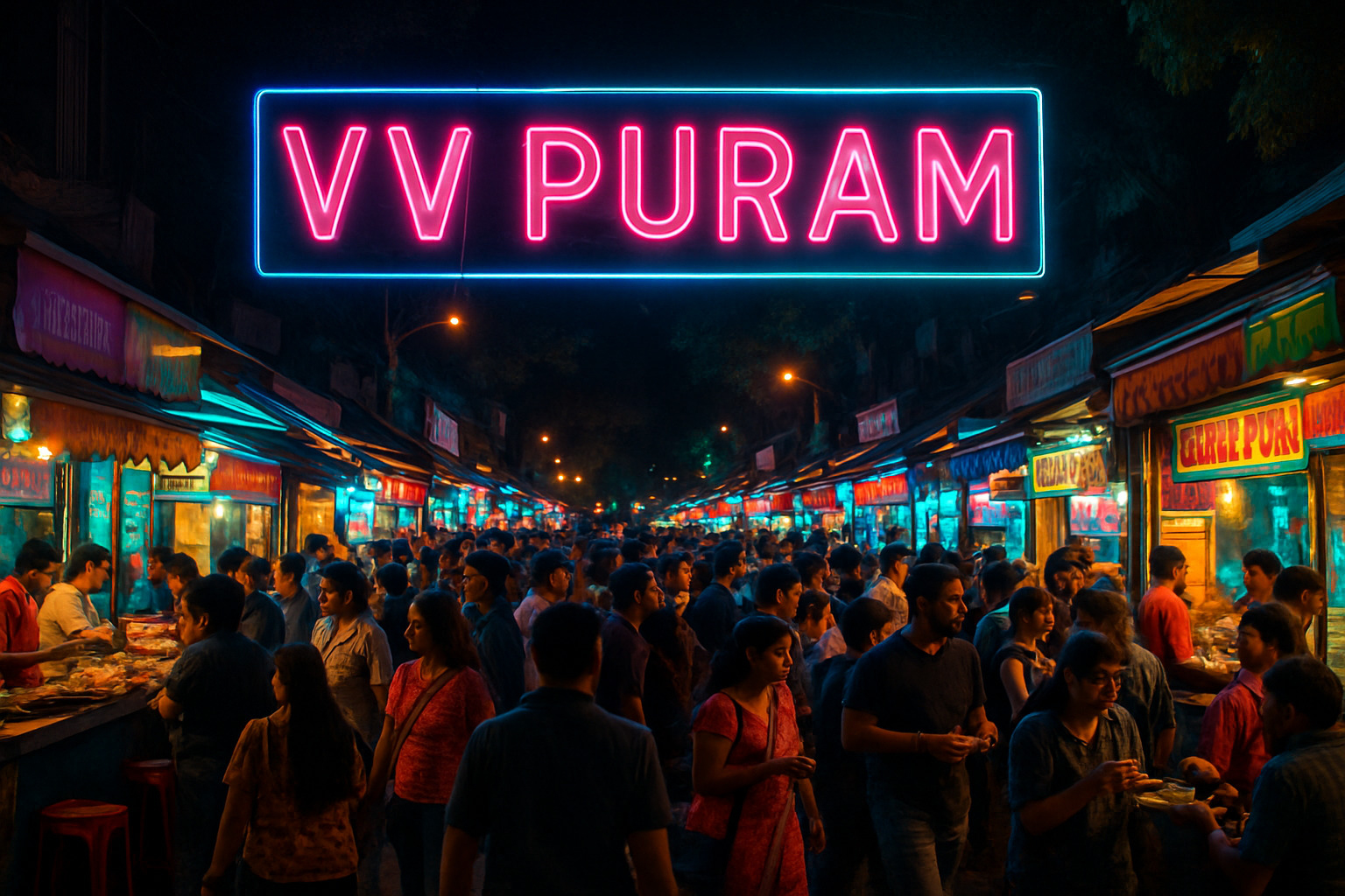 VV Puram neon sign with busy food stalls and colorful street atmosphere - bangalore street food tour
