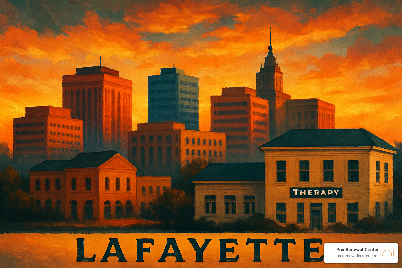 Lafayette Louisiana skyline at sunset with therapy office buildings - emdr therapy lafayette la