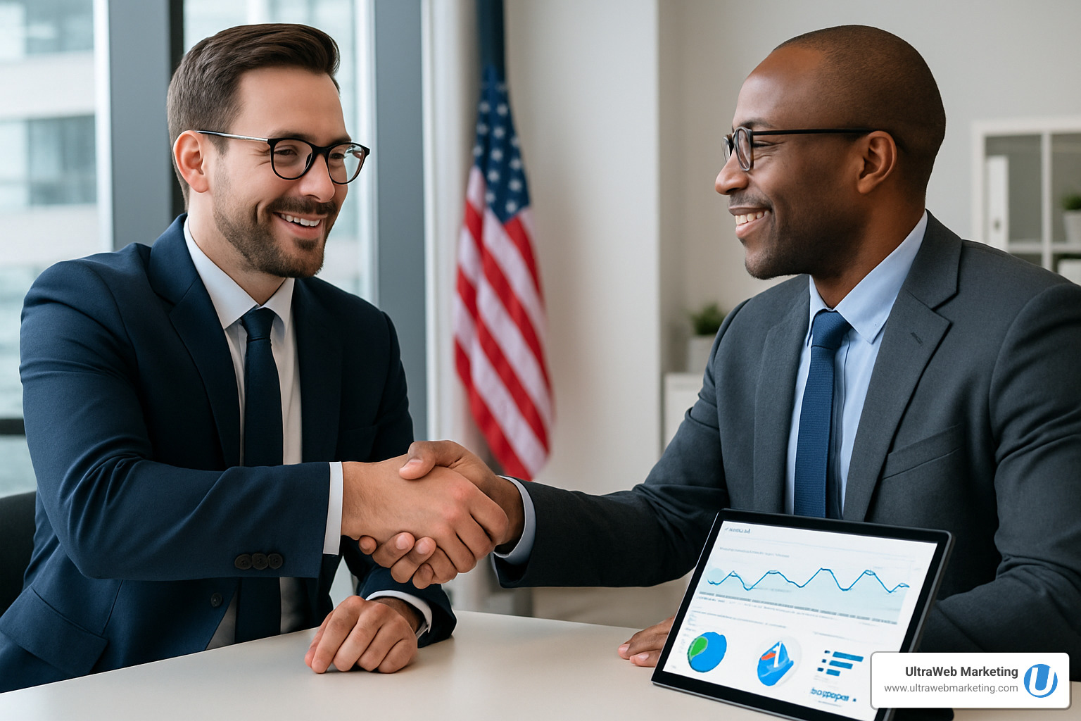 Business handshake with tablet showing analytics dashboard in background - florida marketing agency