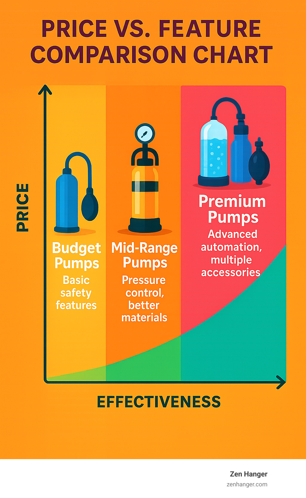 Infographic displaying price versus feature comparison chart showing budget pumps with basic safety features, mid-range pumps with pressure control and better materials, and premium pumps with advanced automation and multiple accessories, plotted against effectiveness ratings - best penis pumps list infographic 