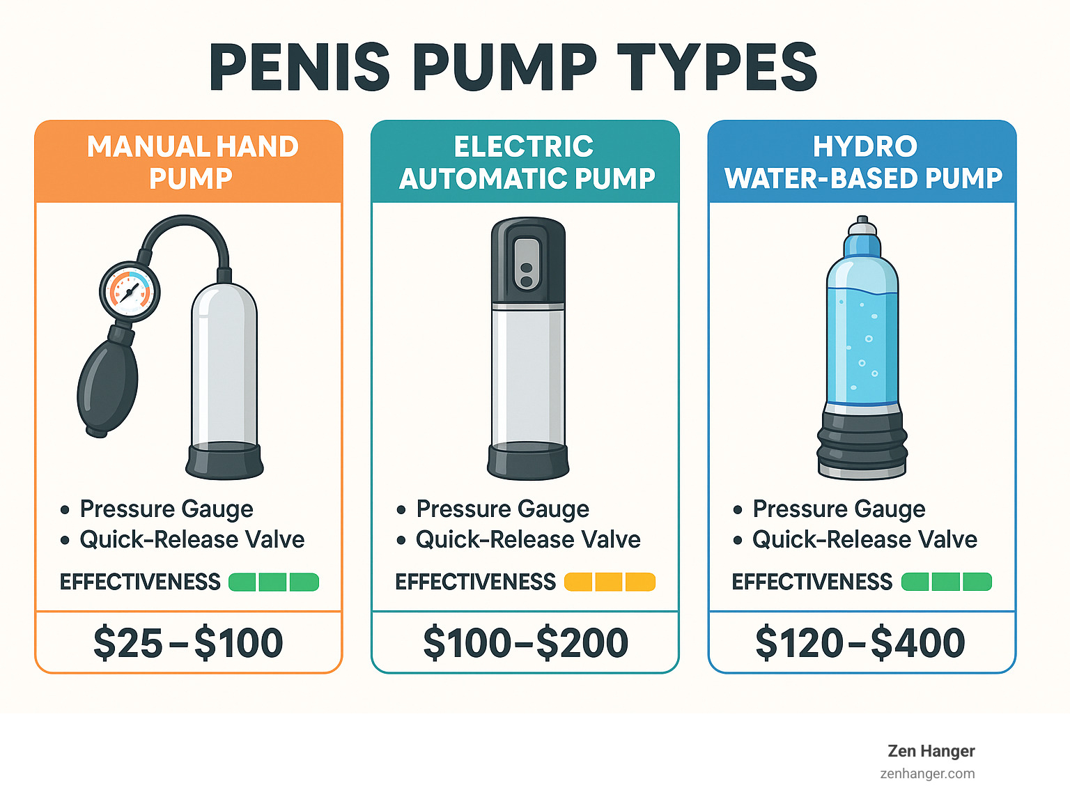 Infographic showing penis pump types with manual hand pump, electric automatic pump, and hydro water-based pump, including safety features like pressure gauges and quick-release valves, plus effectiveness ratings and typical price ranges for each category - best penis pumps list infographic