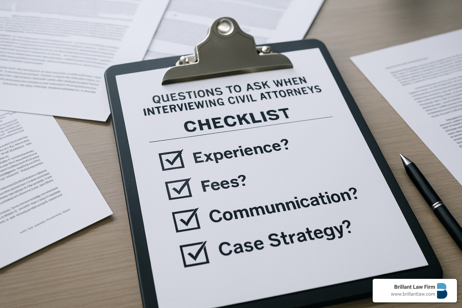 Checklist showing key questions to ask when interviewing civil attorneys, including experience, fees, communication, and case strategy - civil attorney san jose