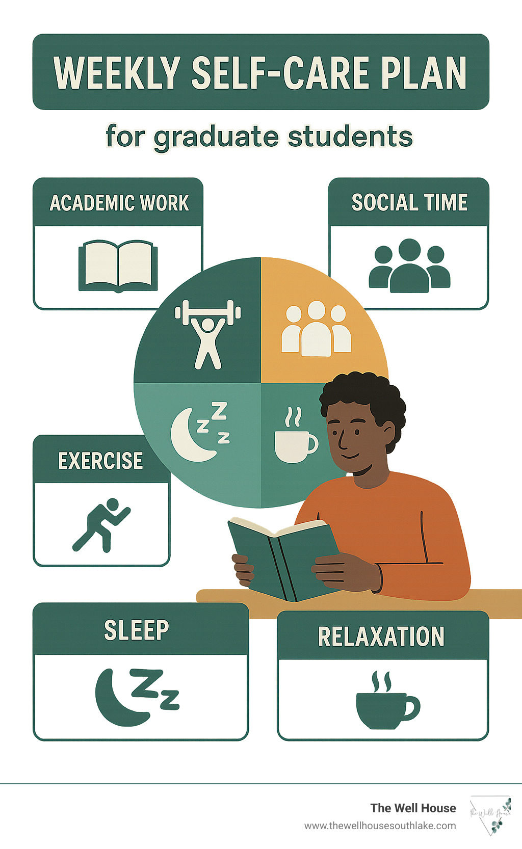 Weekly self-care plan infographic showing balance of academic work, exercise, social time, sleep, and relaxation activities - counseling for graduate students infographic 