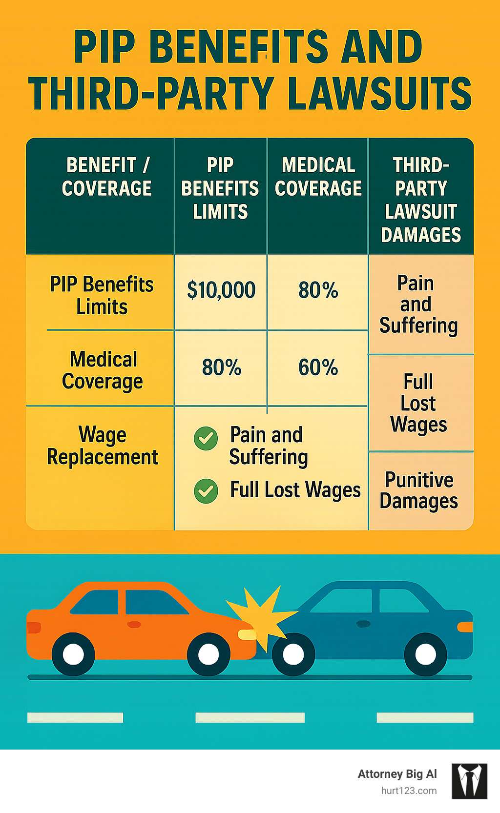 Comprehensive comparison table showing PIP benefits limits, medical coverage percentages, wage replacement rates, and third-party lawsuit damage types including pain and suffering, full lost wages, and punitive damages - car accident lawyer miami beach infographic