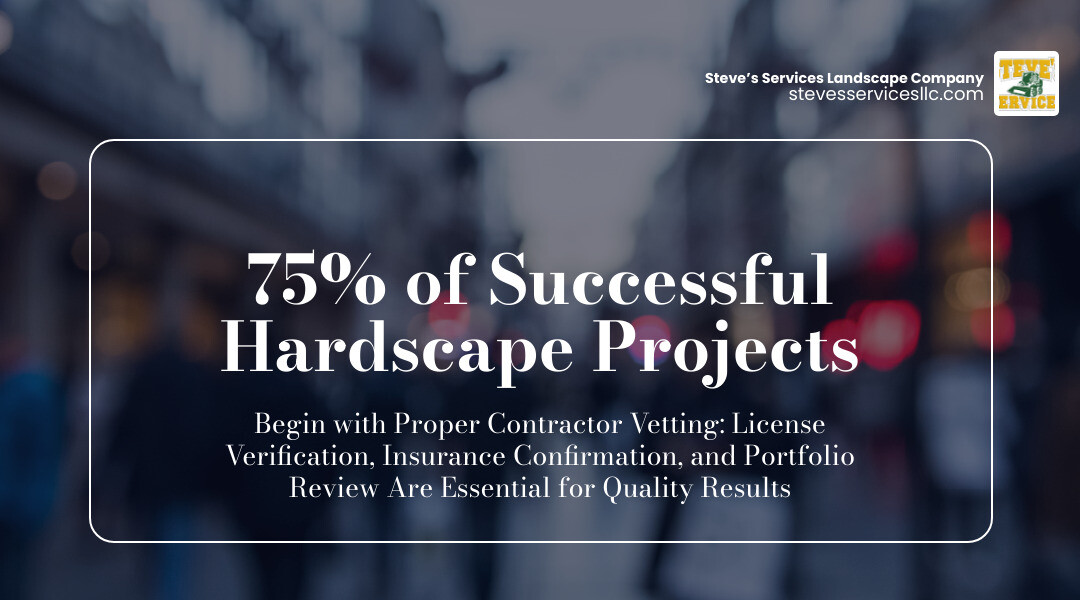 Statistical breakdown showing that 75% of successful hardscape projects start with proper contractor vetting, including license verification, insurance confirmation, and portfolio review - backyard hardscape contractors infographic simple-stat-landscape-blurry-bg