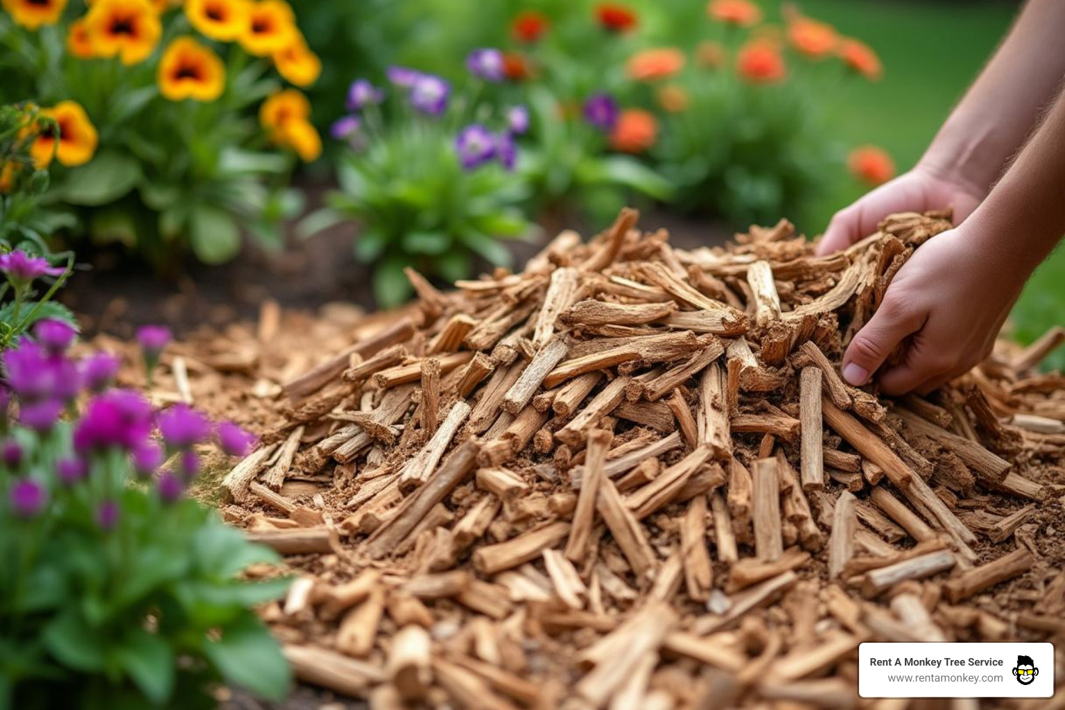 Large pile of fresh wood chips being repurposed as garden mulch around flower beds - stump grinding