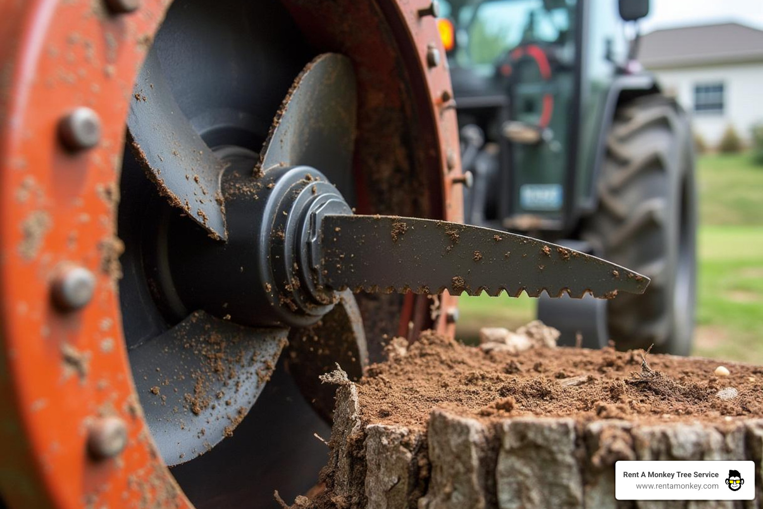 Close-up view of stump grinder carbide cutting teeth showing their sharp, angled design - stump grinding