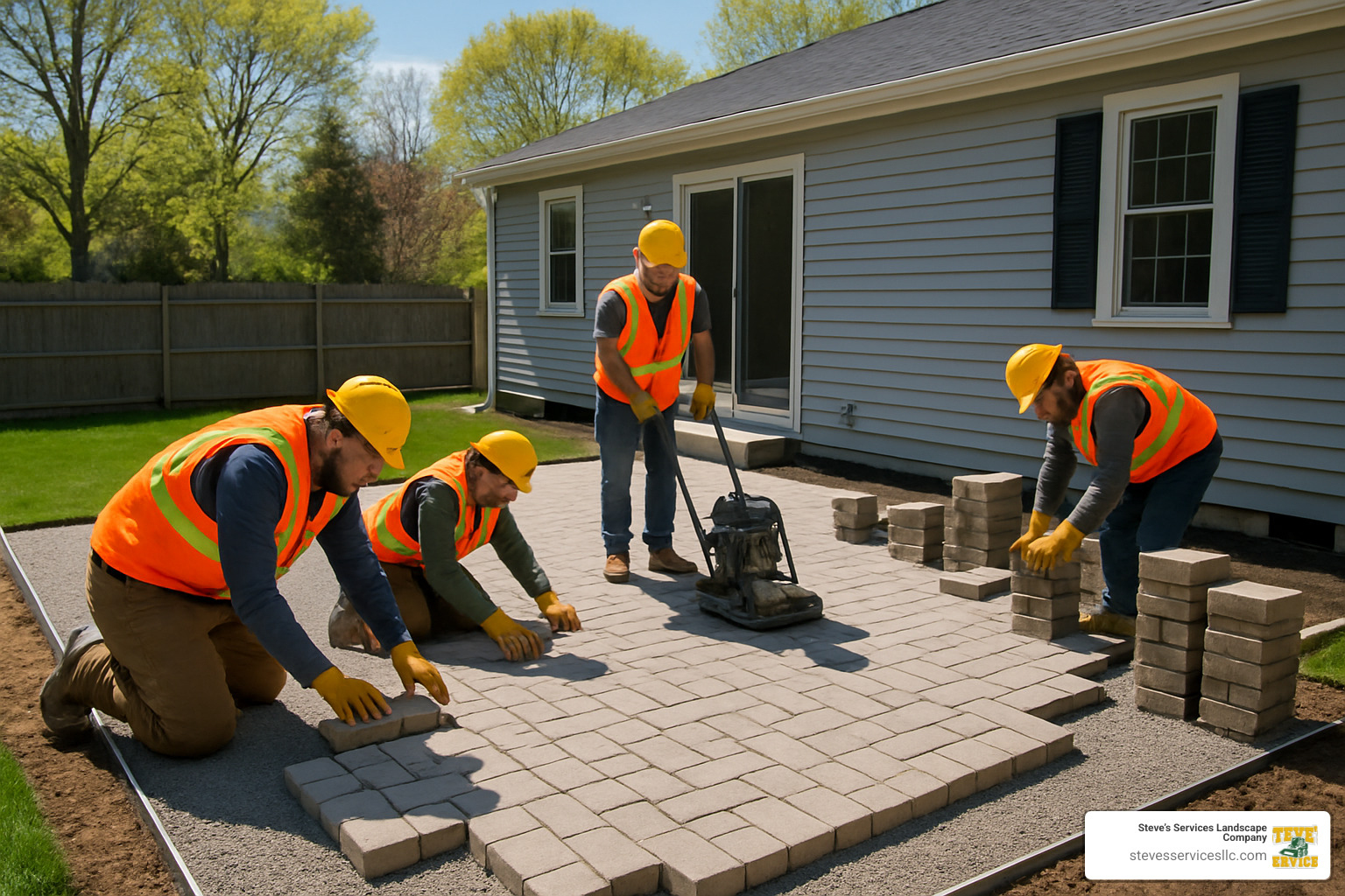 Professional crew installing interlocking pavers with proper base preparation and edge restraints - backyard hardscape contractors