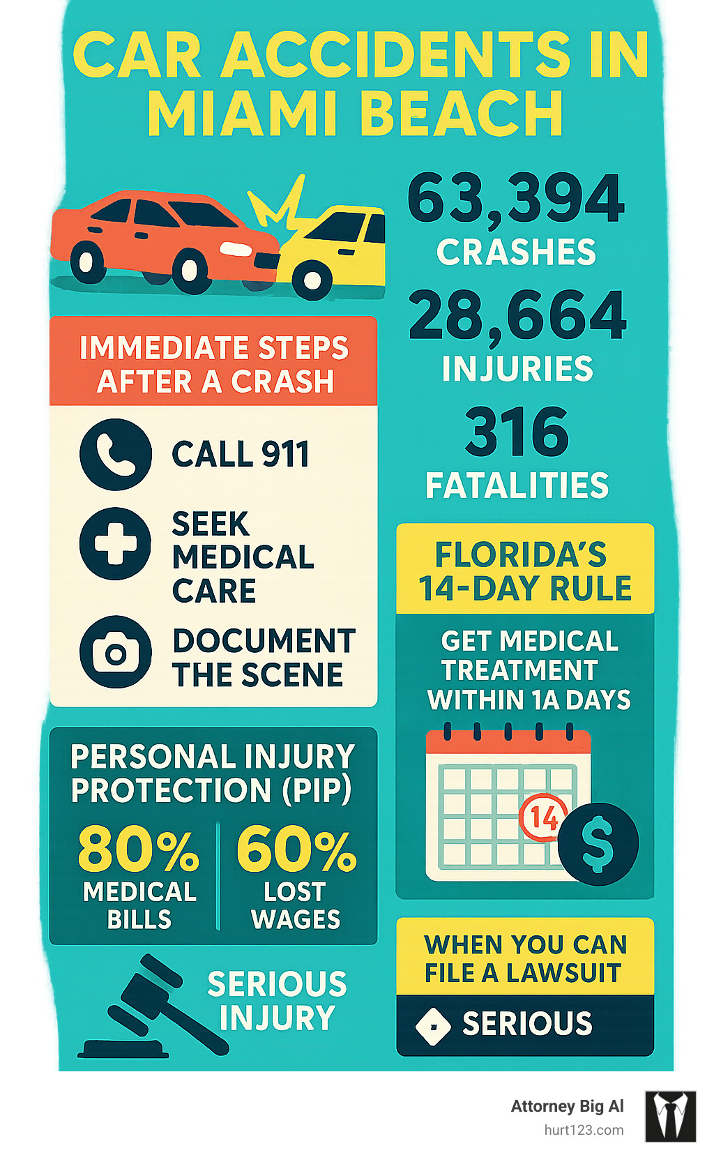 Detailed infographic showing Miami Beach car accident statistics, immediate post-crash steps, Florida's 14-day medical rule, PIP coverage limits, and when you can file a lawsuit outside the no-fault system - car accident lawyer miami beach infographic