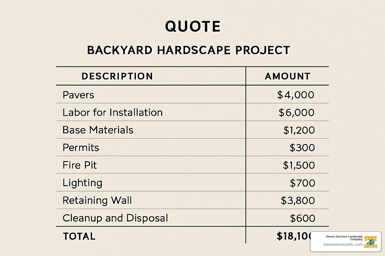 Sample itemized hardscape quote showing breakdown of materials, labor, permits, and additional features - backyard hardscape contractors
