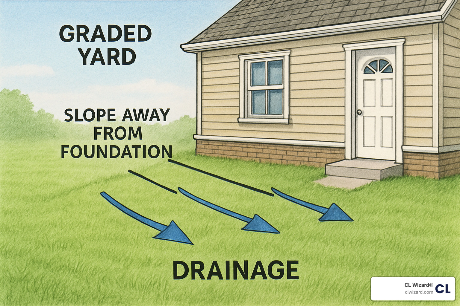 Image showing proper yard grading with arrows indicating water flow direction away from a building foundation - concrete basement leak repair