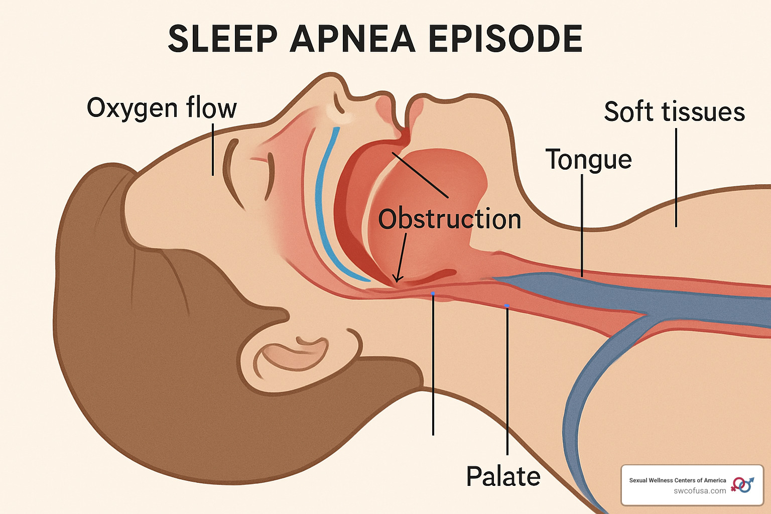 Diagram showing blocked airway during sleep apnea episode - home sleep apnea testing