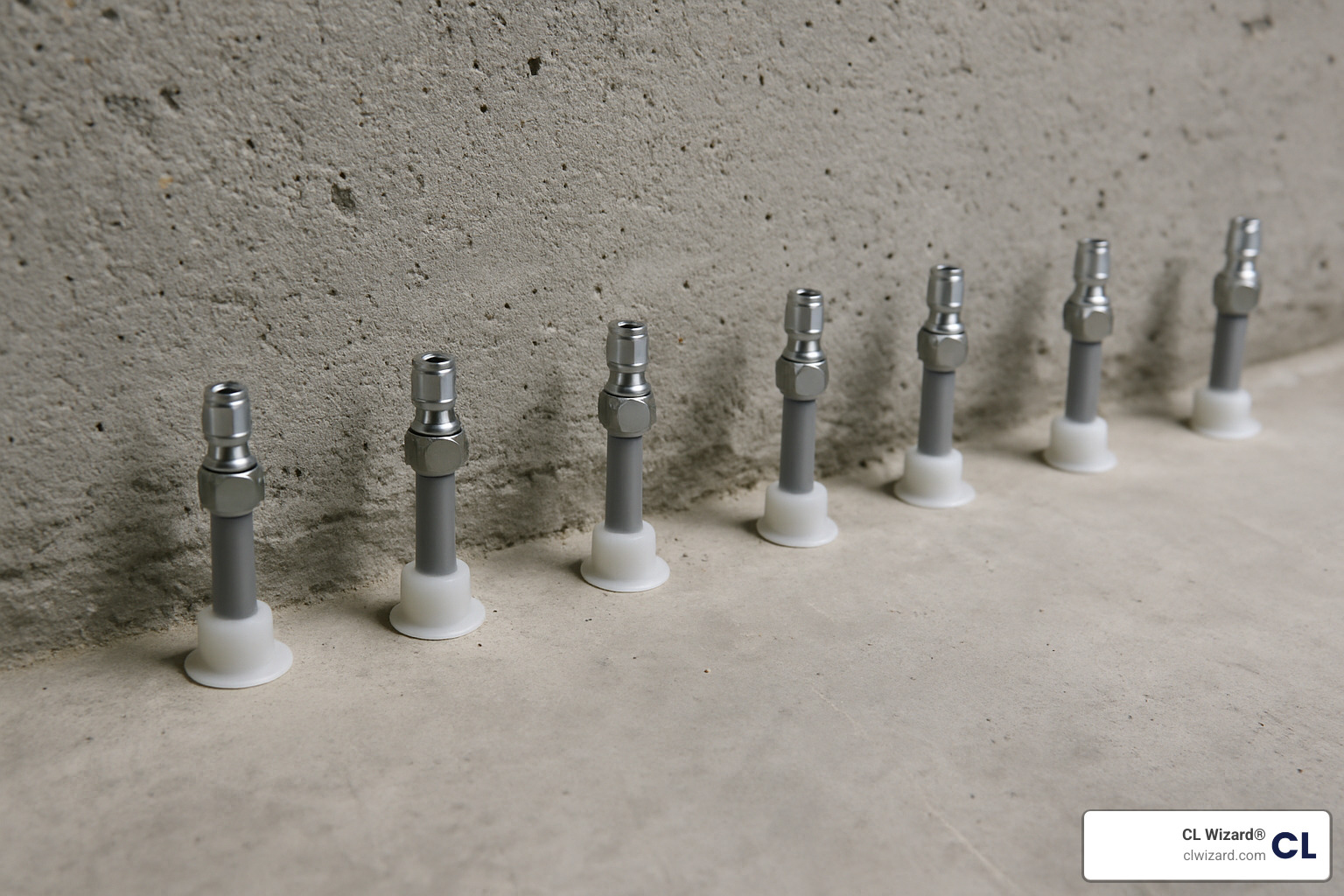 Close-up image of injection ports installed in a concrete slab, showing the minimal invasive nature of the CL Wizard repair process - concrete basement leak repair