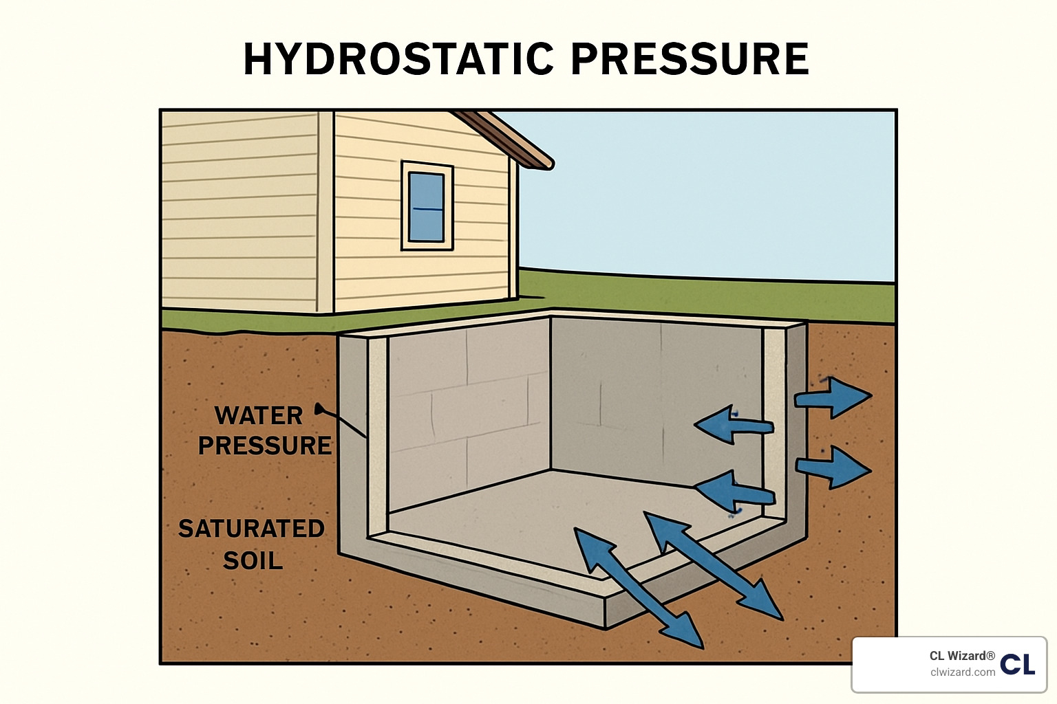 Illustration showing hydrostatic pressure forces around a basement foundation, with arrows indicating water pressure from saturated soil pushing against concrete walls - concrete basement leak repair