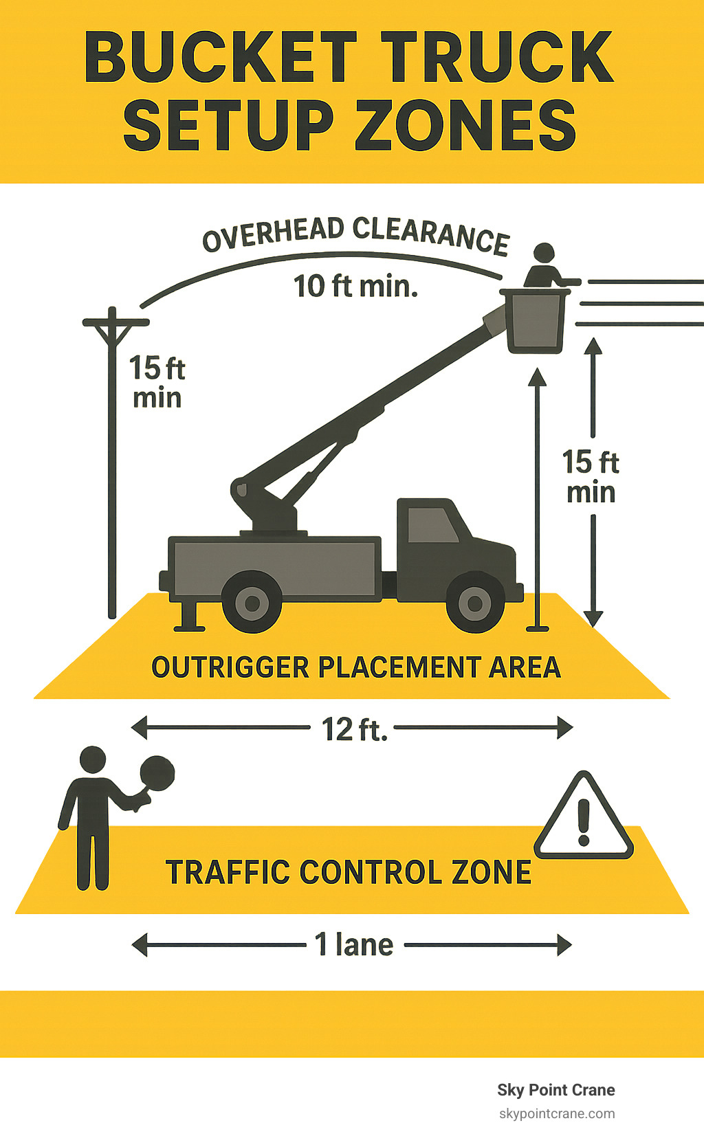 Infographic showing bucket truck setup zones including outrigger placement areas, overhead clearance requirements, and traffic control zones with specific measurements and safety distances - truck with lift bucket rental infographic 