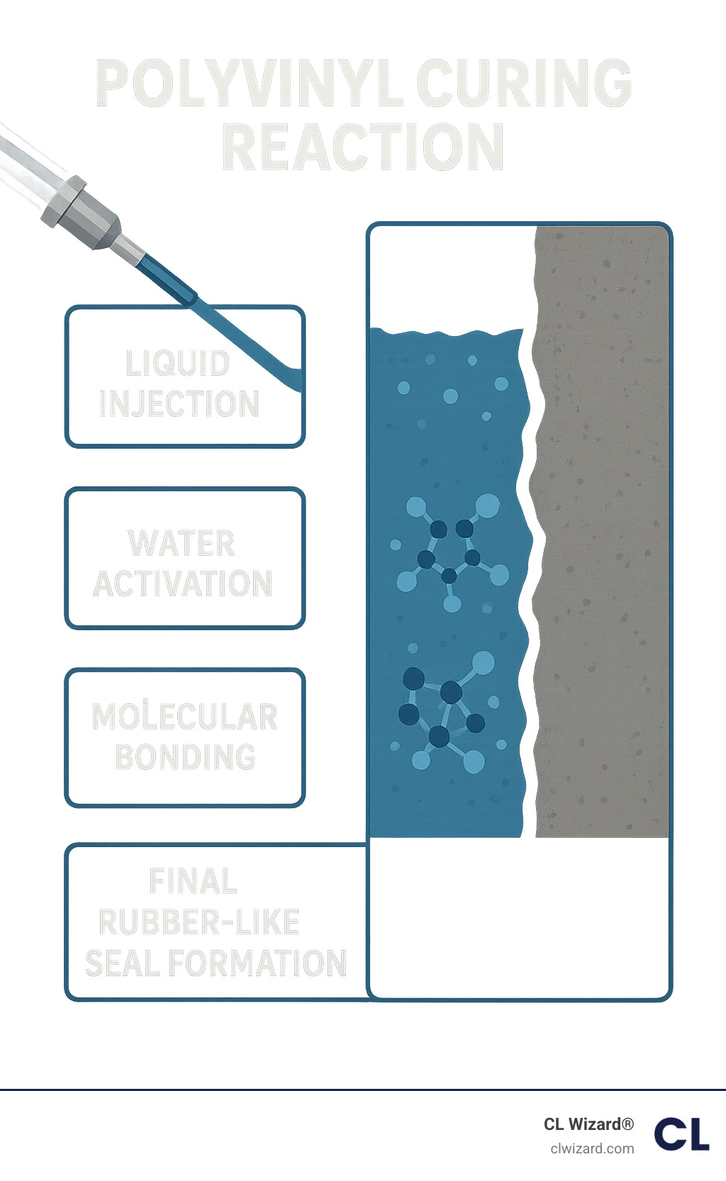 Infographic illustrating the polyvinyl curing reaction, showing liquid injection, water activation, molecular bonding, and final rubber-like seal formation - concrete basement leak repair infographic 
