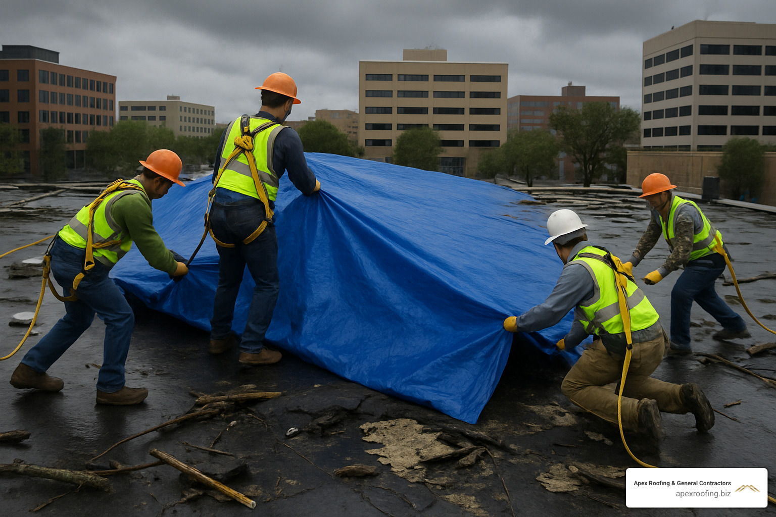 Professional crew installing emergency tarp on storm-damaged commercial roof - emergency commercial roof repair