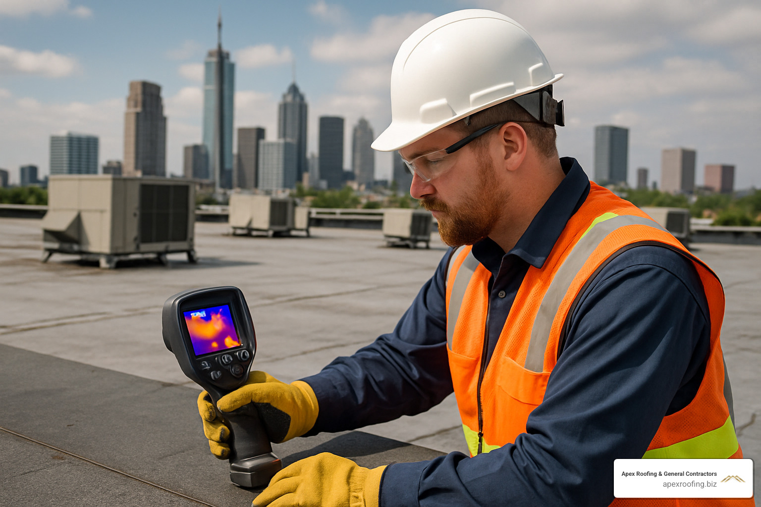 Technician performing infrared moisture scan on commercial roof and ceiling systems - emergency commercial roof repair