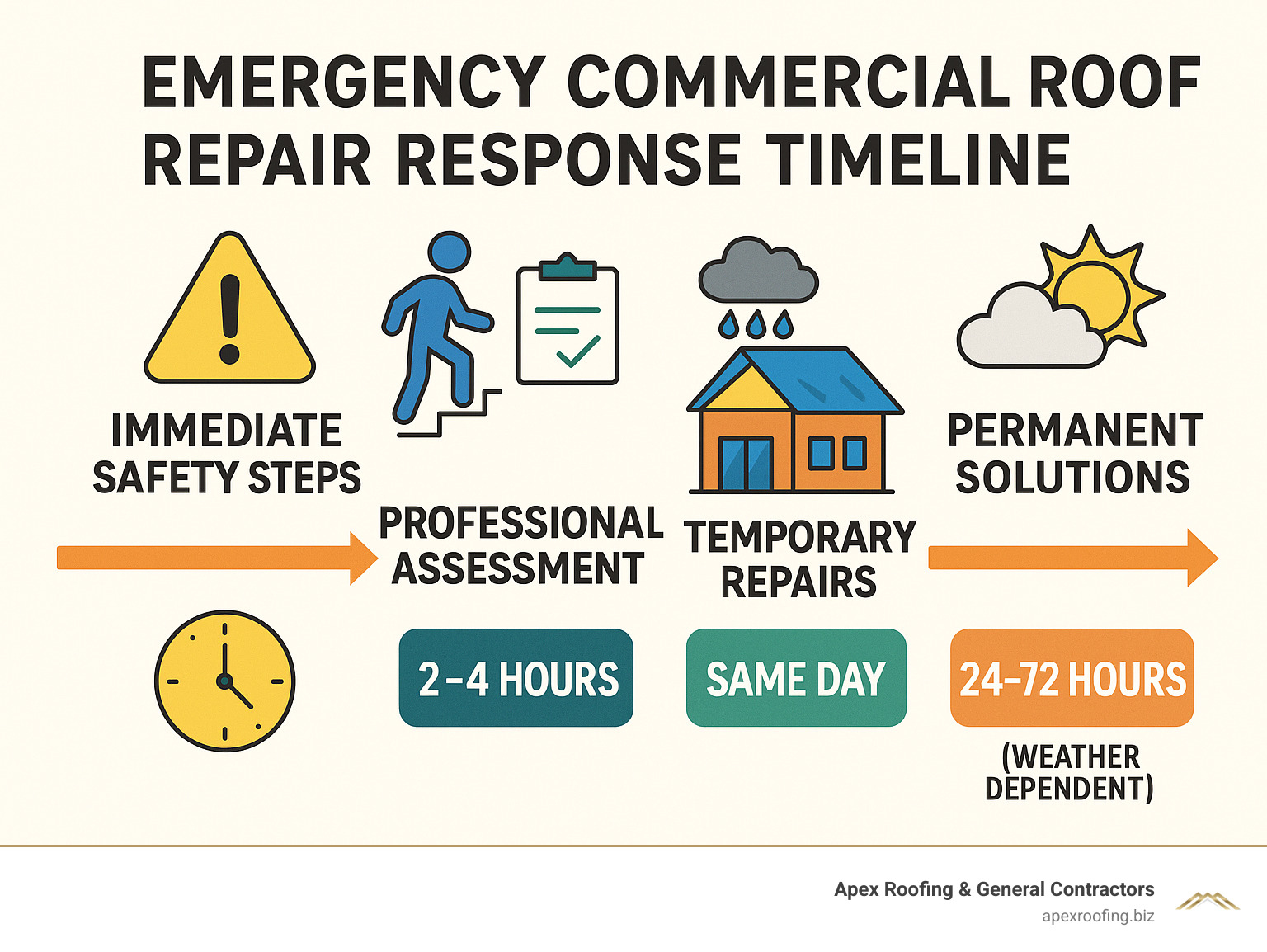 Emergency commercial roof repair response timeline showing immediate safety steps, professional assessment within 2-4 hours, temporary repairs same day, and permanent solutions within 24-72 hours depending on weather conditions - emergency commercial roof repair infographic 