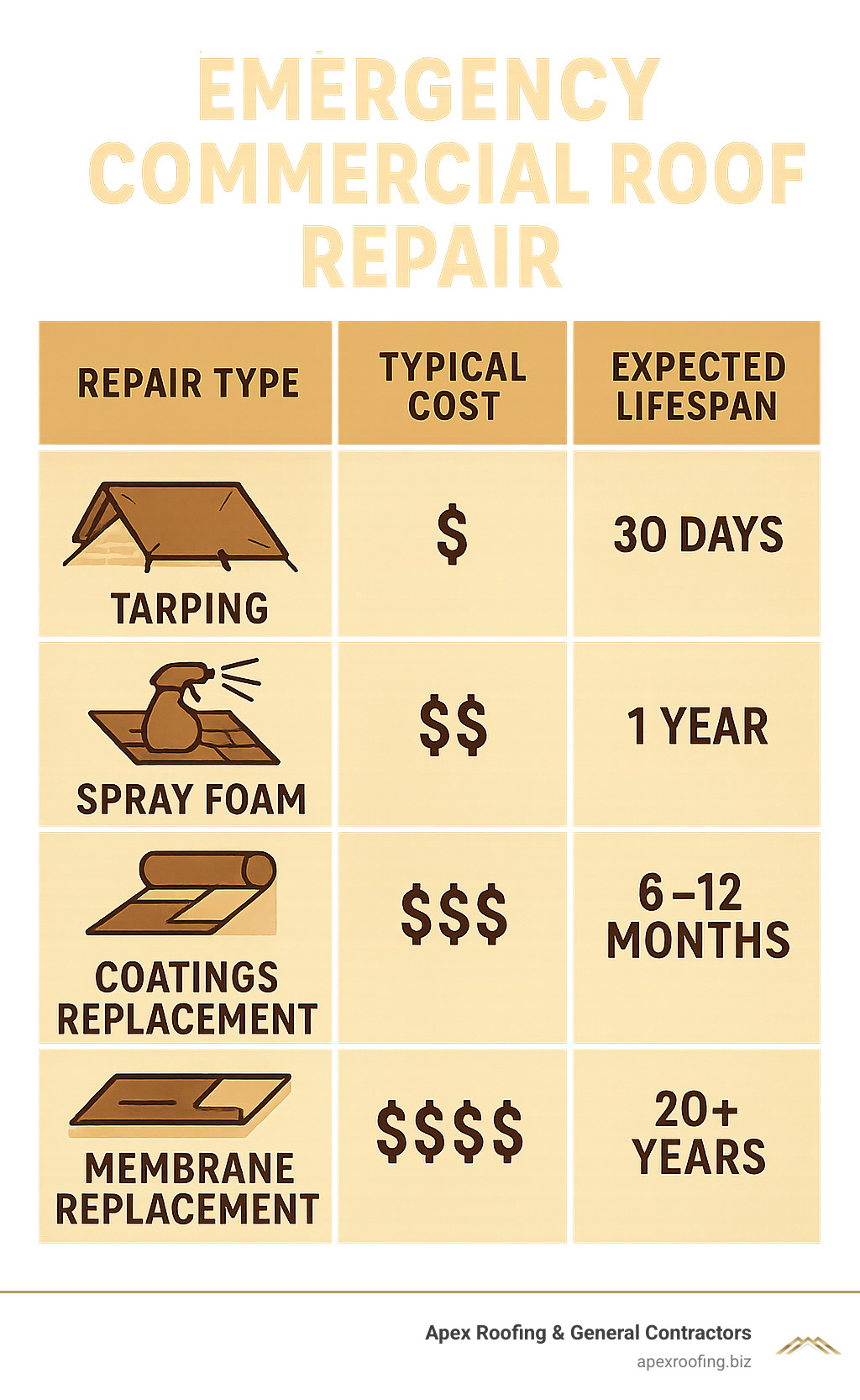 Comparison table showing repair types (tarping, spray foam, coatings, membrane replacement), typical costs (low to high), and expected lifespans (30 days to 20+ years) - emergency commercial roof repair infographic 