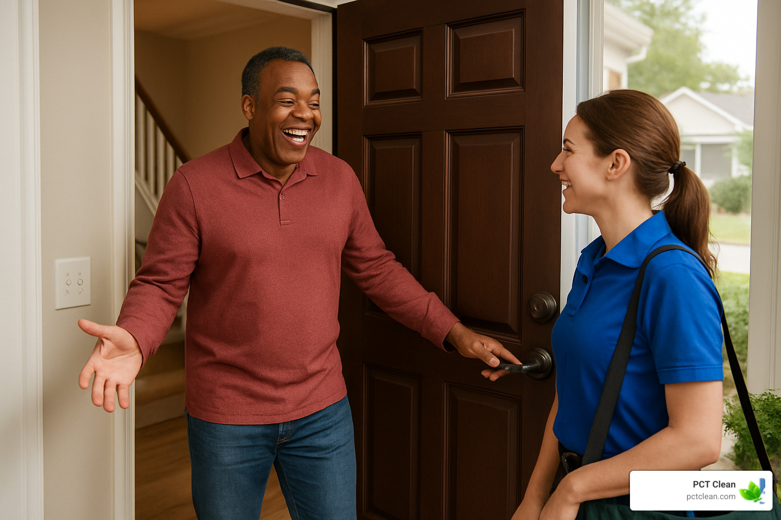 happy homeowner greeting cleaner - House Cleaning Services Acworth GA