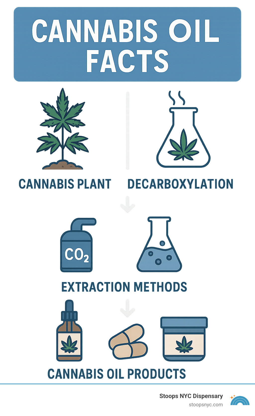 Infographic showing the journey from cannabis plant cultivation through extraction methods to final cannabis oil products, including decarboxylation process, different extraction techniques like CO2 and solvent-based methods, and various end products like tinctures, capsules, and topicals - cannabis oil facts infographic