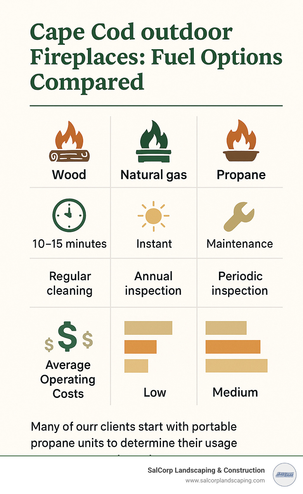 Comparison infographic showing startup time, heat output, maintenance requirements, and average operating costs for wood, natural gas, and propane outdoor fireplaces - Cape Cod outdoor fireplaces infographic 