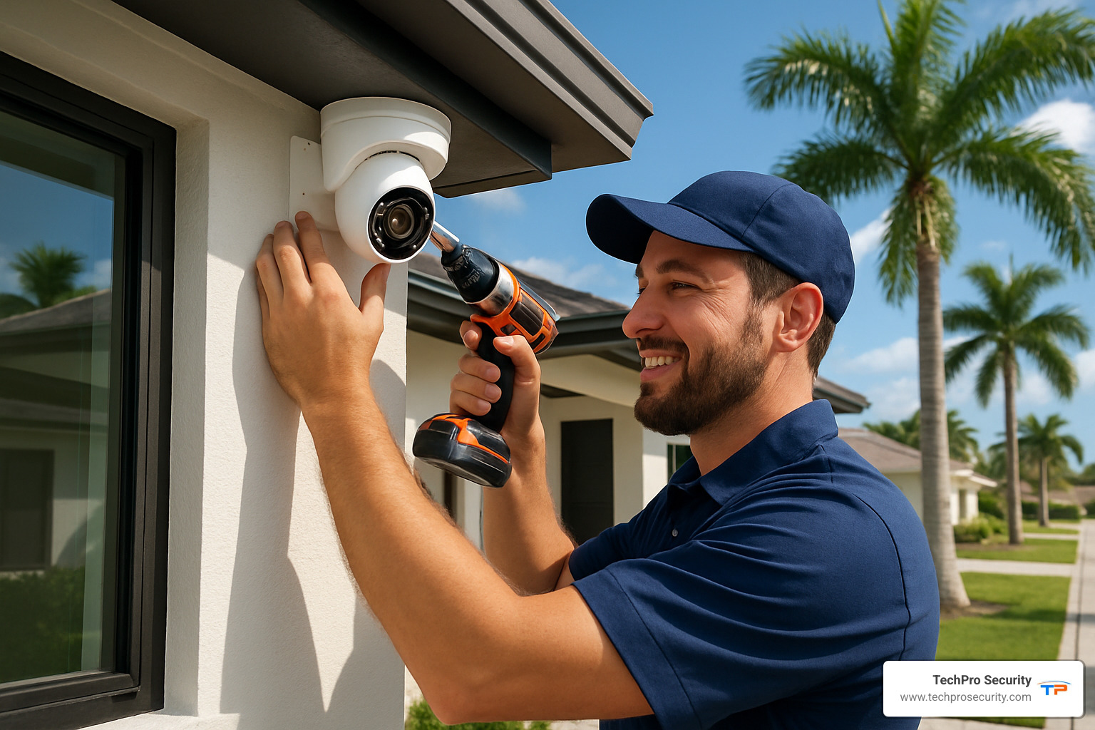 Professional security camera technician installing system on Boca Raton home - security camera installation Boca Raton