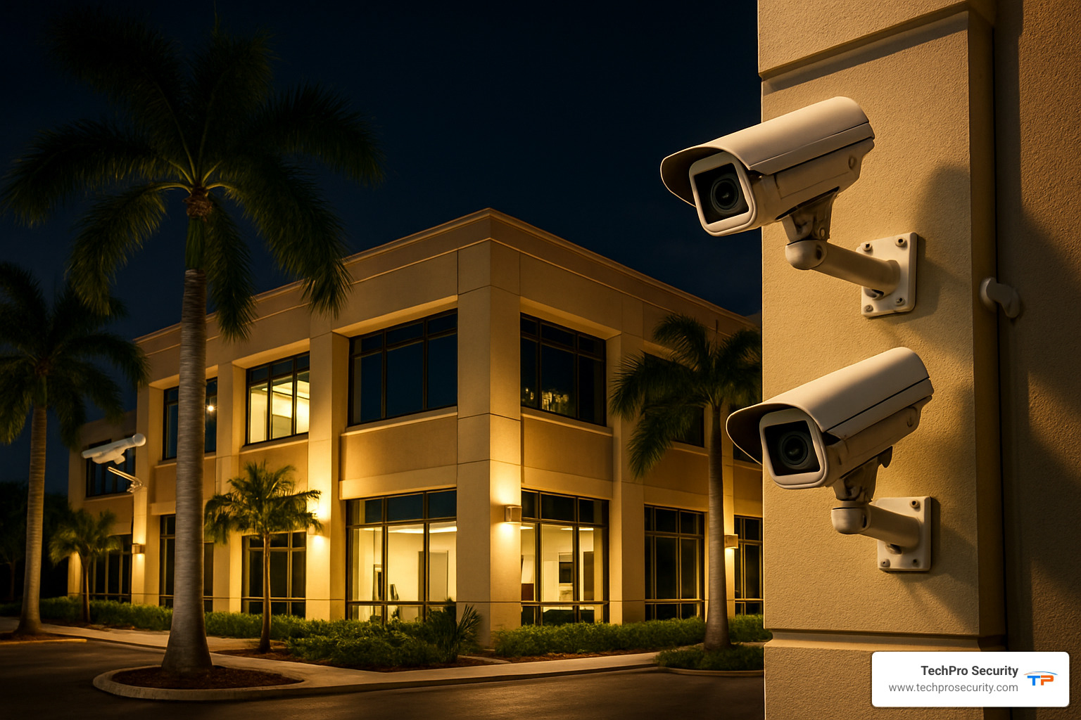 Secured Boca Raton business building at night with professional security camera installation - security camera installation Boca Raton